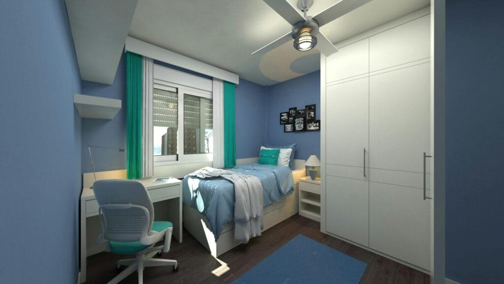 small room with a blue theme colour